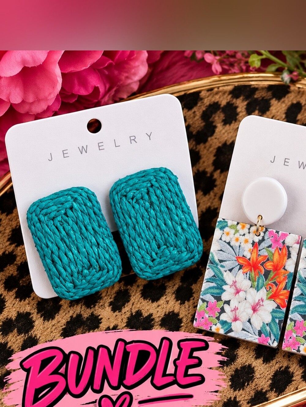 Turquoise Woven Earrings & Floral Drop Earrings Bundle